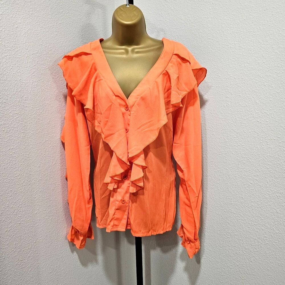 Statement V Neck Orange Blouse Womens Lge Office Siren Maximalist Ruffle